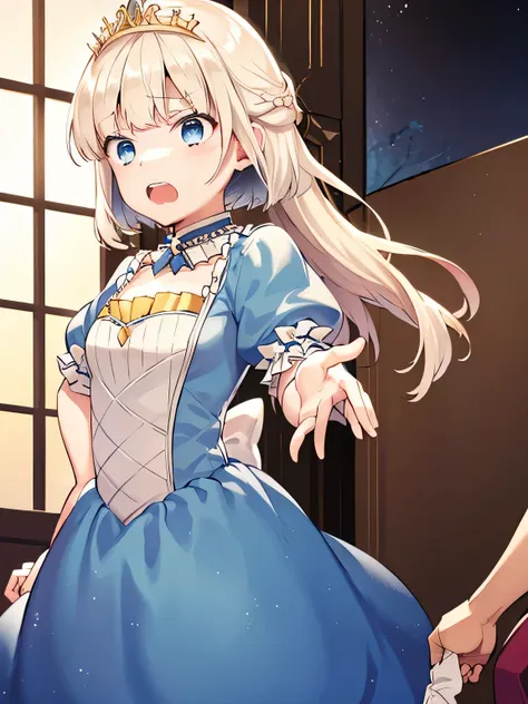 Princess Blue Dress、gold tiara、Transparent pure white skin、Glossy skin、long hair、golden hair、blue eyes、room、blush、skinny、view from below、squat with legs apart、crying face、small mouth、emphasize the muscles of the pussy、belly button、((10 years old))、(((Mastu...