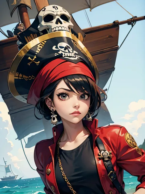 Stylish design inspired by Eiichiro Oda, The strongest girl pirate in history, cute lovely pirate skull, focus on the face, Stylish sunglasses, Fashionable hats, beautiful flower, highest quality