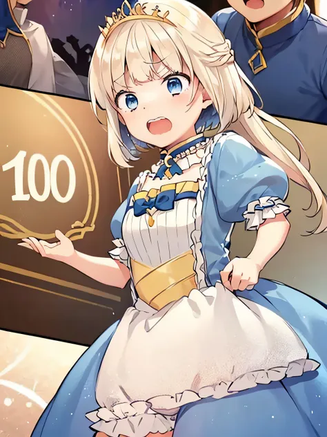 Princess Blue Dress、gold tiara、Transparent pure white skin、Glossy skin、long hair、golden hair、blue eyes、room、blush、skinny、view from below、crying face、small mouth、emphasize the muscles of the pussy、((10 years old))、(((Lift the skirt to show white panties)))