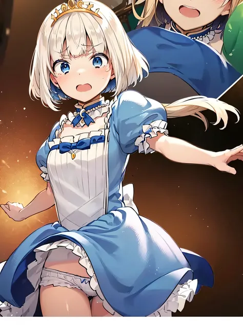 Princess Blue Dress、gold tiara、Transparent pure white skin、Glossy skin、long hair、golden hair、blue eyes、room、blush、skinny、view from below、crying face、small mouth、emphasize the muscles of the pussy、((10 years old))、(((Lift the skirt to show white panties)))