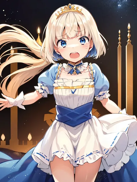 Princess Blue Dress、gold tiara、Transparent pure white skin、Glossy skin、long hair、golden hair、blue eyes、room、blush、skinny、view from below、crying face、small mouth、emphasize the muscles of the pussy、((10 years old))、(((Lift the skirt to show white panties)))