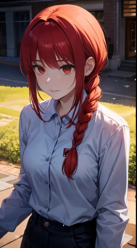 1Girl, red hair, makima chainsaw man, one braid, red eyes, ultra hd, ultra detail, half body photo, perfect face