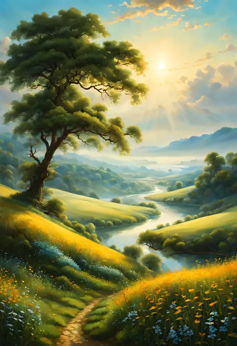 Landscape Description:

Amidst the tranquil embrace of nature, a picturesque landscape unfolds, inviting the beholder into a realm of serene beauty and profound wonder. The scene captures the essence of pastoral harmony, where rolling hills and verdant mea...