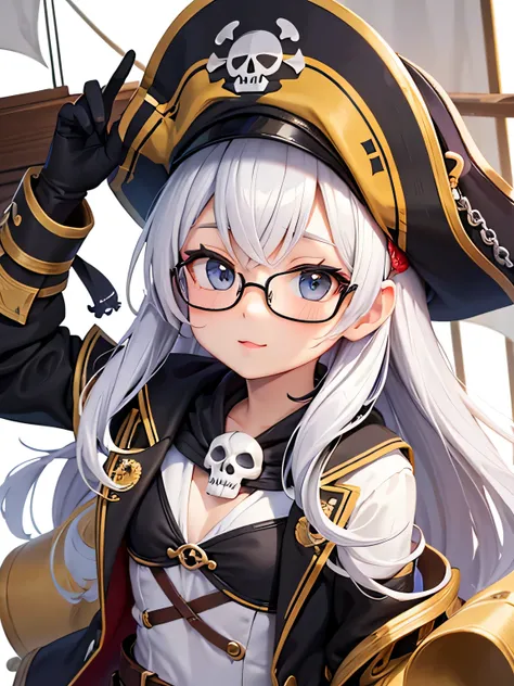 cute design, cute lovely pirate skull, focus on the face, stylish glasses, Fashionable hats, pirate ship, highest quality