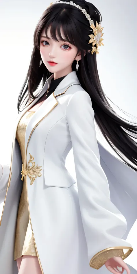 A black-haired one，One meter five，bust chart，Smooth and delicate skin，high resolution，hair length，white coat，