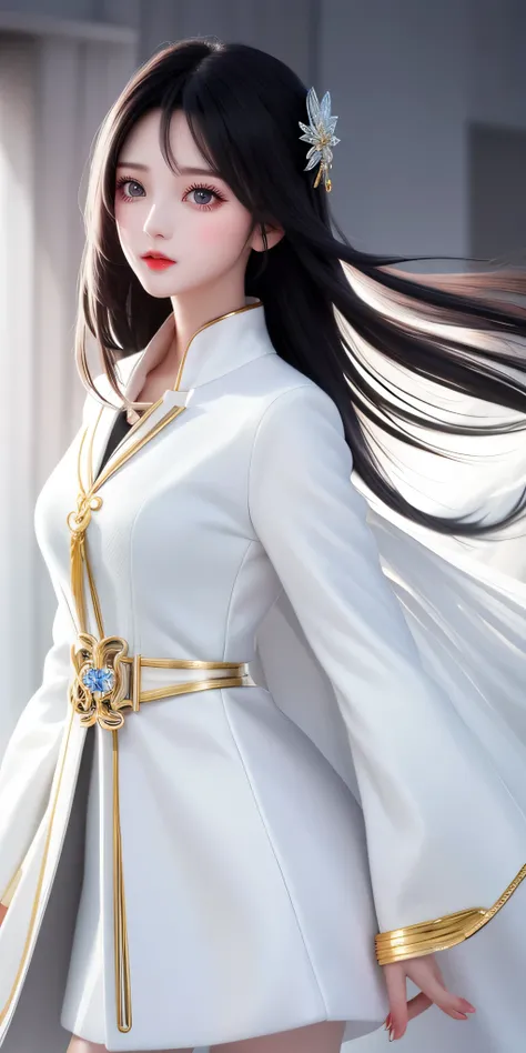 A black-haired one，One meter five，bust chart，Smooth and delicate skin，high resolution，hair length，white coat，