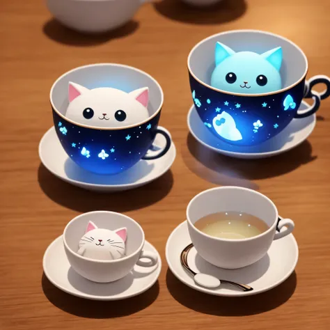 A cute anime cat doll is floating inside a teacup.、Super detailed, dazzling light、bioluminescence、shot from the side、Stronger bokeh effect