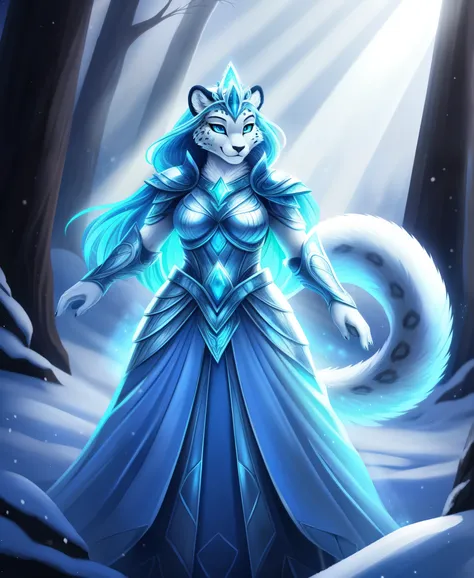 anthro Female adult quadrupedal feral snow leopard with blue eyes wearing blue and silver armor and a tiara in a snowy forest with ice magic. full body (smile), (glow, god rays, ethereal, dreamy, heavenly, otherworldly, dream-like, breathtaking, captivatin...