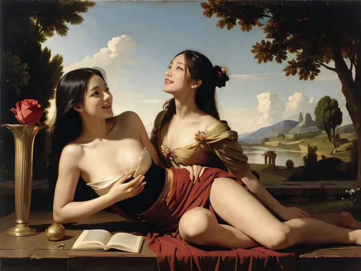 Giorgione painting style,Arguments of two female Philosophe,math、astronomical machine、astronaut、roses in vase、fruits、Cute trinkets、smile、ancient greek costume、Background is a forest lake at night 、Clothes that stretch your shoulders、A big smile、beautiful b...