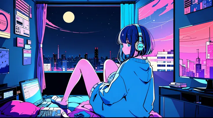 (from behind), anime girl sitting in front of a computer in a cozy bedroom, girl listening to music in a cozy room (night), usin...