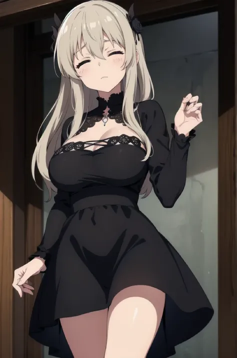 uzaki tsuki, closed eyes, large breasts, solo, wearing a goth dark dress,