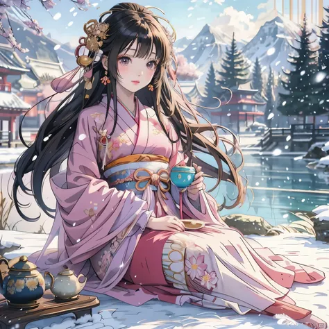 anime girl in kimono outfit sitting on snow with tea pot, flowing hair and gown, anime girl with long hair, beautiful anime girl, cute anime girl, Anime visual of a cute girl, anime style 4k, Cute anime waifu wearing beautiful clothes, young anime girl, Be...