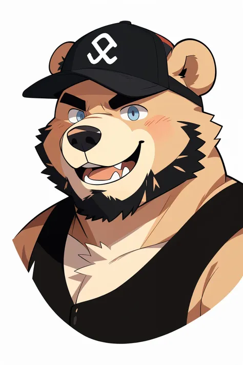 solo, chubby, furry,male , (((with baseball cap))), with tank top, ((anthro bear, very plump, middle aged)) , no beard under nos...