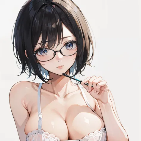 student 、short hair, wearing glasses, white skin ,your body is a BBS、is developing, to the upper body, big breasts