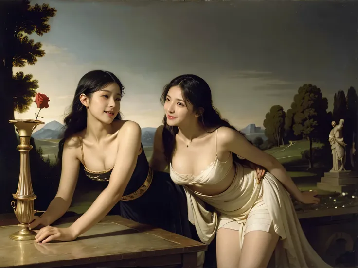 Giorgione painting style,Arguments of two female Philosophe,math、astronomical machine、astronaut、roses in vase、fruits、Cute trinkets、smile、ancient greek costume、Background is a forest lake at night 、Clothes that stretch your shoulders、A big smile、beautiful b...