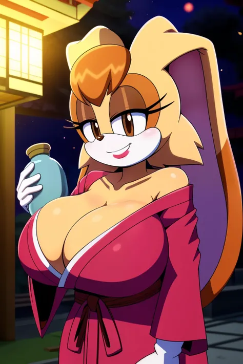 (Vanilla the rabbit:1.1), female, Off-the-shoulder oversized kimono,huge_breasts,bursting breasts, brown_hair busty, dipstick_ear, female,cleavage, female_solo,kimono, outdoors,japanese temple, grin,anime screencap,nighttime, lipstick, hand on chest,milf, ...