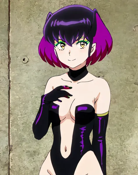 KURAMA, SHORT HAIR, BLACK HAIR, (YELLOW EYES:1.3), PURPLE HAIR, MULTICOLORED HAIR, MAKEUP, EYESHADOW, GLOVES, NAVEL, ELBOW GLOVES, NAIL POLISH, LEOTARD, BLACK LEOTARD, RED NAILS, SINGLE GLOVE, COLLARBONE, BARE SHOULDERS, CLEAVAGE, 1girl, solo, upper body, ...