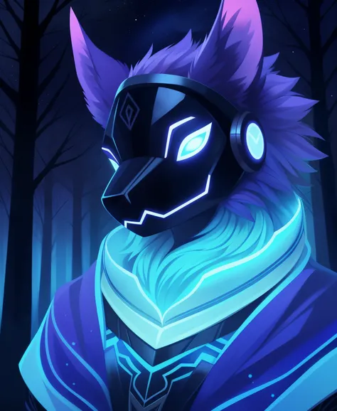 anthro purple protogen fursona, dark creepy forest in the background illustration, hand-drawn, bold linework, anthro illustration, cel shaded, 4k, fine details, masterpiece, (glow, dreamy, otherworldly, dream-like, breathtaking, captivating, divine), brigh...