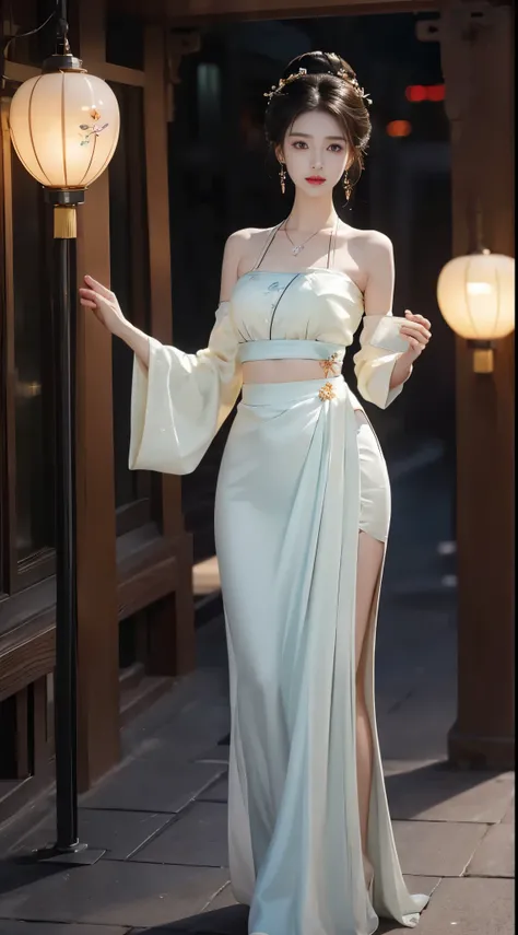 hanfu-song, hanfu, song theme, bandeau, tube top, ((whole body)), ((from below)), ((gufeng,bare shoulders)), clear face, pretty face, 8k, masterpiece, original photo, best quality, detail:1.2,lifelike, detail, Very detailed, CG, Unite, wallpaper, depth of ...