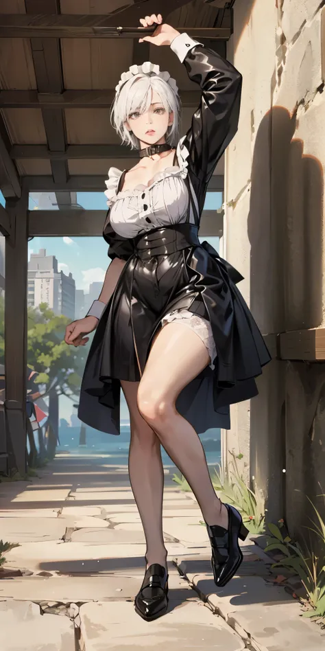 White hair , short hair, pinched eyes, (big-:1.5) , Thin legs, thin body, leather collar, Maid outfit victorian, dynamic pose, full body, View from below, wide hips, Kneeling