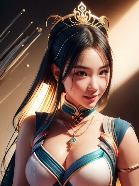 1girl with a big smile in hyper-realistic Chinese portrait style, upper body focus, detailed shading and lighting, by Li Shuxing and Peikang Chen, high resolution, Studio Gobo Render, 4k