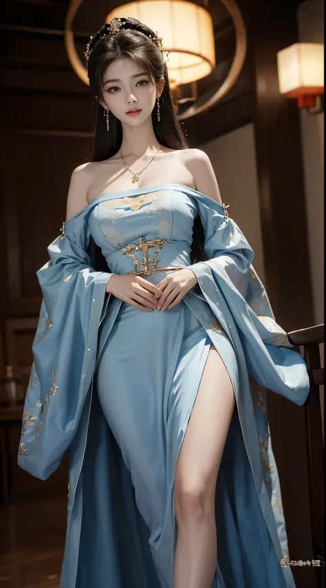 gufeng,bare shoulders, ((whole body)), ((from below)), ((gufeng,bare shoulders)), clear face, pretty face, 8k, masterpiece, original photo, best quality, detail:1.2,lifelike, detail, Very detailed, CG, Unite, wallpaper, depth of field, movie light, lens fl...