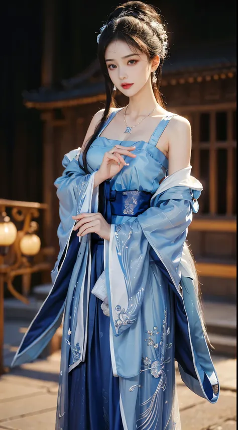 elaborate Hanfu, ((whole body)), ((from below)), ((gufeng,bare shoulders)), clear face, pretty face, 8k, masterpiece, original photo, best quality, detail:1.2,lifelike, detail, Very detailed, CG, Unite, wallpaper, depth of field, movie light, lens flare, R...