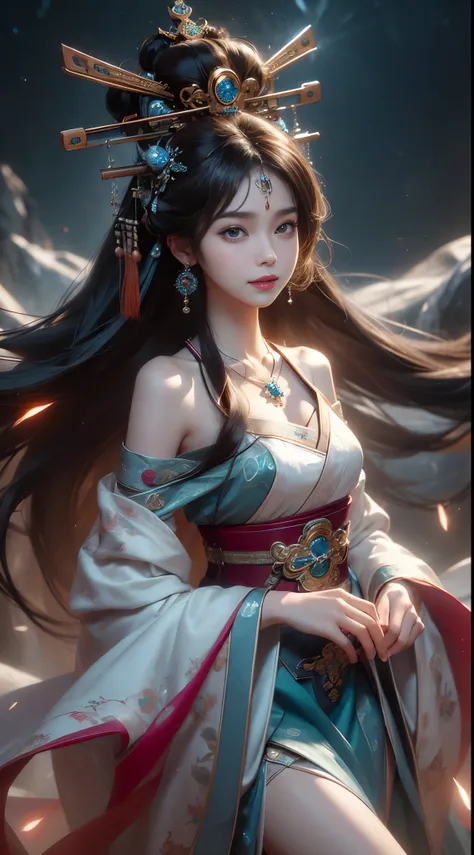 elaborate Hanfu, ((whole body)), ((from below)), ((gufeng,bare shoulders)), clear face, pretty face, 8k, masterpiece, original photo, best quality, detail:1.2,lifelike, detail, Very detailed, CG, Unite, wallpaper, depth of field, movie light, lens flare, R...