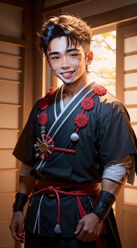 Jovem feliz sorrindo garoto aprendiz com roupa de um samurai em um lugar cheio de luz e resplandecer