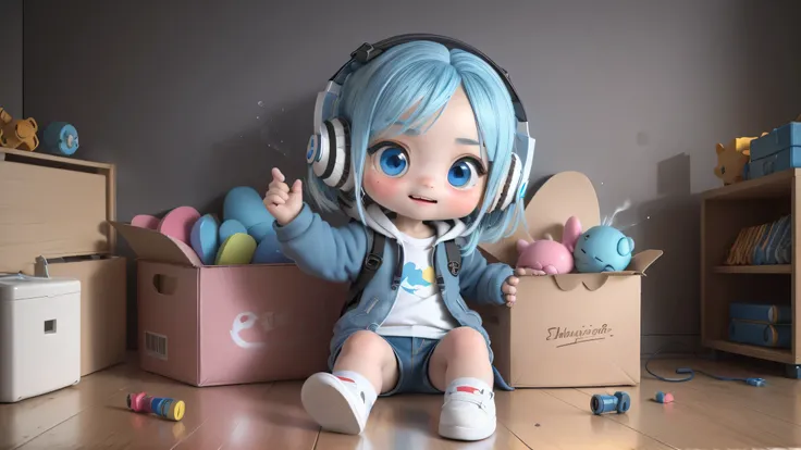 ((masterpiece, best quality)),(complex lighting),3d ,Three View ,Q version of cute little girl，happy expression, sitting in a cardboard box，blue eyes ,, Long blue hair, wearing headphones，white sweatshirt, plaid coat，Light blue denim shorts, black blue sch...