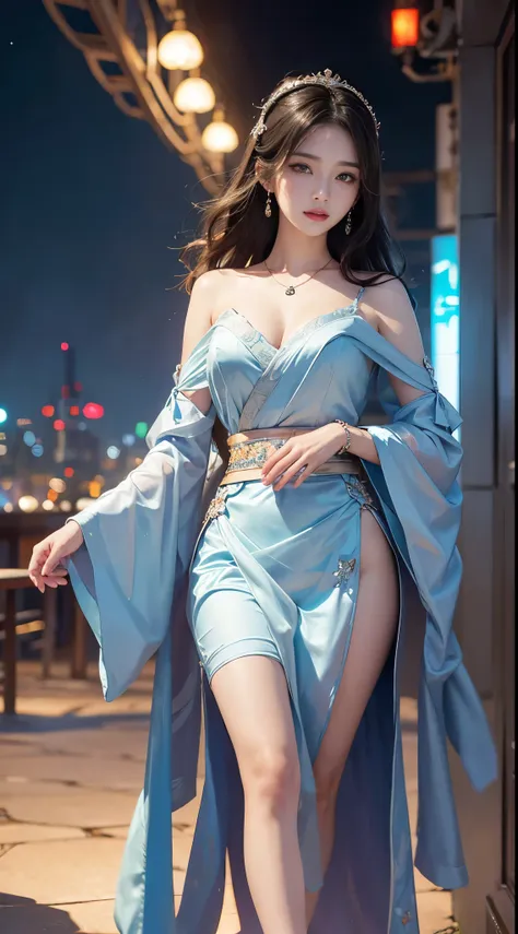 elaborate Hanfu, ((whole body)), ((from below)), ((gufeng,bare shoulders)), clear face, pretty face, 8k, masterpiece, original photo, best quality, detail:1.2,lifelike, detail, Very detailed, CG, Unite, wallpaper, depth of field, movie light, lens flare, R...