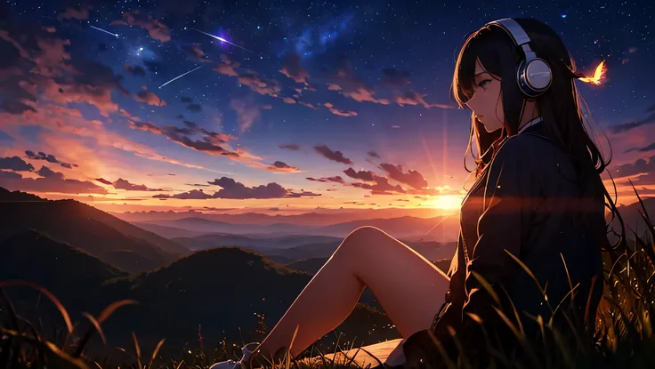 masterpiece, highest quality, sunset, hills, cloud, full moon, long hair, woman, ,sitting,silhouette, firefly.Wide sky,wear headphones,shooting star