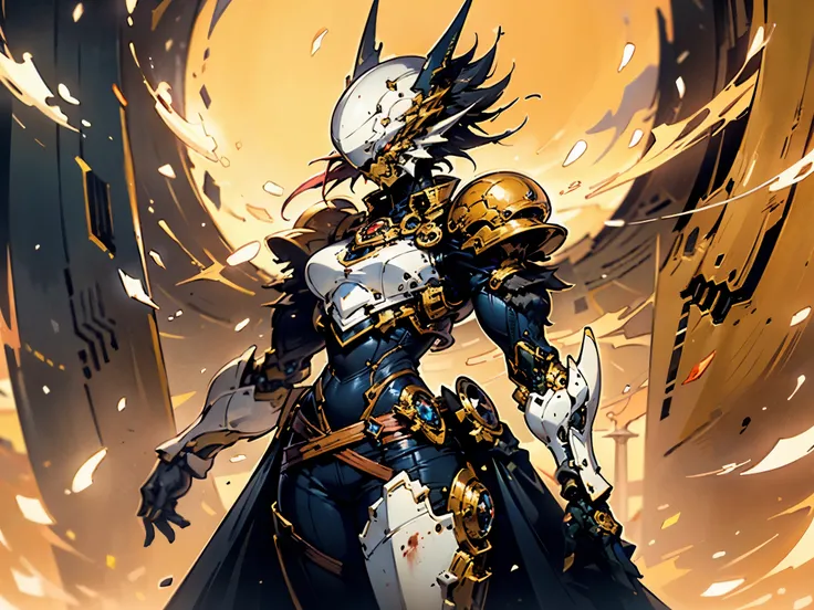 A woman adorned in fantasy-style full-body armor, a crown-concept fully enclosed helmet that unveils only her eyes, a composite layered chest plate, fully encompassing shoulder and hand guards, a lightweight waist armor, form-fitting shin guards, the overa...