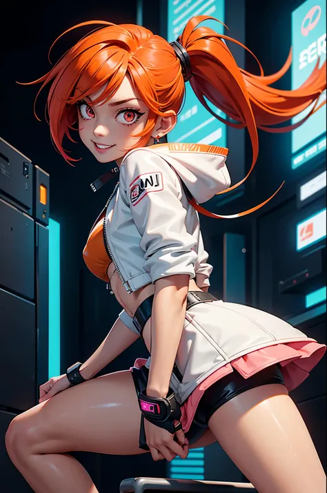 Draw a manga-style character with a physical appearance with this form of the hair Orange with black highlights, tied into glow two ponytails shaped like , Pink color eyes, bright, and expressive and Build Slim and athletic, Attire Upper Body White leather...