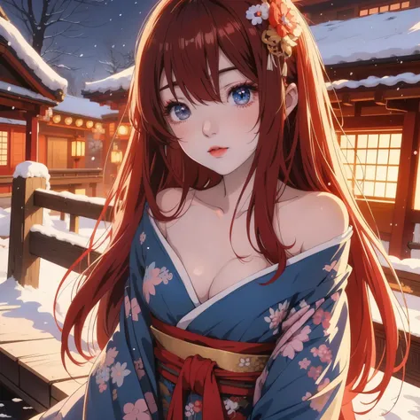 anime girl in kimono outfit with blue eyes and snow covered background, anime style 4k, beautiful anime girl, Beautiful anime portrait, cute anime girl, pretty anime girl, Beautiful anime, anime wallpaper 4k, anime wallpaper 4k, Beautiful anime woman, anim...