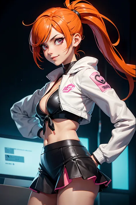 Draw a manga-style character with a physical appearance with this form of the hair Orange with black highlights, tied into glow two ponytails shaped like , Pink color eyes, bright, and expressive and Build Slim and athletic, Attire Upper Body White leather...