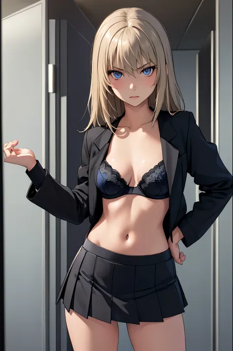 masterpiece, best quality, itsumi erika, 1girl, ashen blonde hair, blue eyes, solo, small breasts, black skirt, sexy black under...