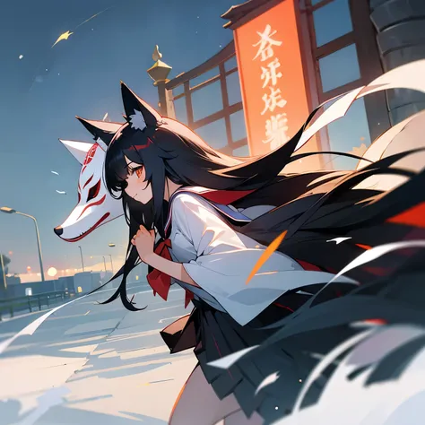 school gate　late night　girl　long hair　fox mask　black hair