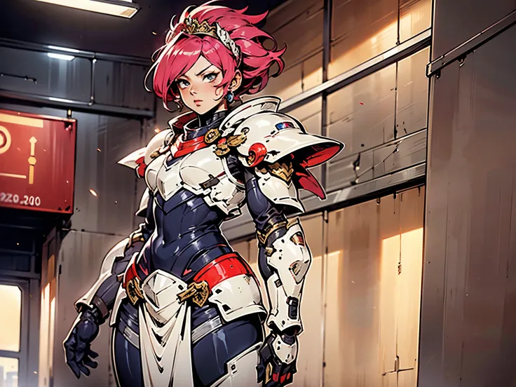 A woman adorned in fantasy-style full-body armor, a crown-concept fully enclosed helmet that unveils only her eyes, a composite layered chest plate, fully encompassing shoulder and hand guards, a lightweight waist armor, form-fitting shin guards, the overa...