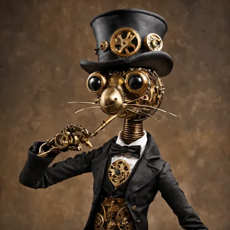 Design a steampunk-inspired mechanical puppet animal with intricate gears, brass fittings, and Victorian-era style. The animal  puppet should embody a character with a whimsical yet slightly eerie appearance, like a circus animal from a bygone era brought ...