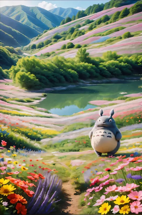 Anime wallpaper with chinchilla in the flower field, Studio Ghibli filters, Studio Ghibli Art, Ghibli atmosphere, ghibli inspired, studio ghibli painterly style, studio ghibli scenery, studio ghibli inspired, from the studio Ghibli movies, Ghibli colorful,...