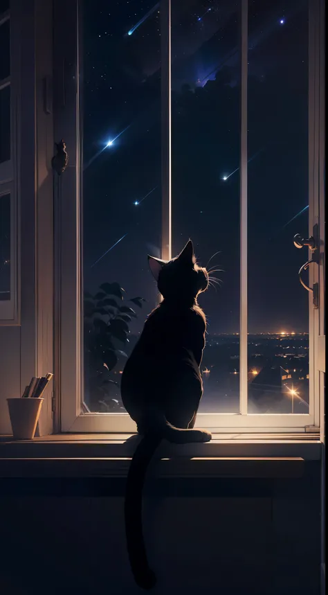 A small cat was crouching by the window, shooting star, night sky, anime style, chiaroscuro, cinematic lighting, Backlight, silhouette, from below, 8k, Super detailed, Accurate, highest quality, advanced details