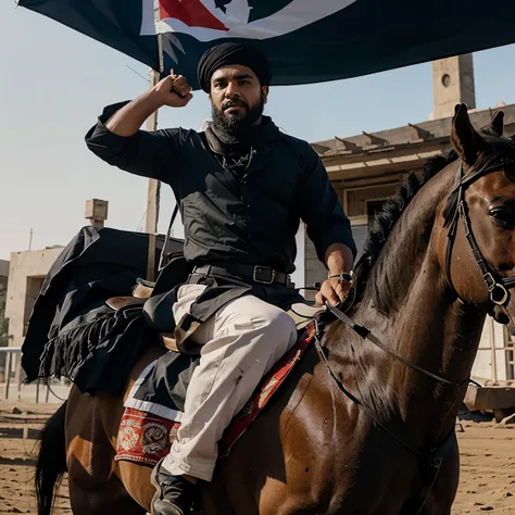 Mujahid riding horse with black flag of jihad 