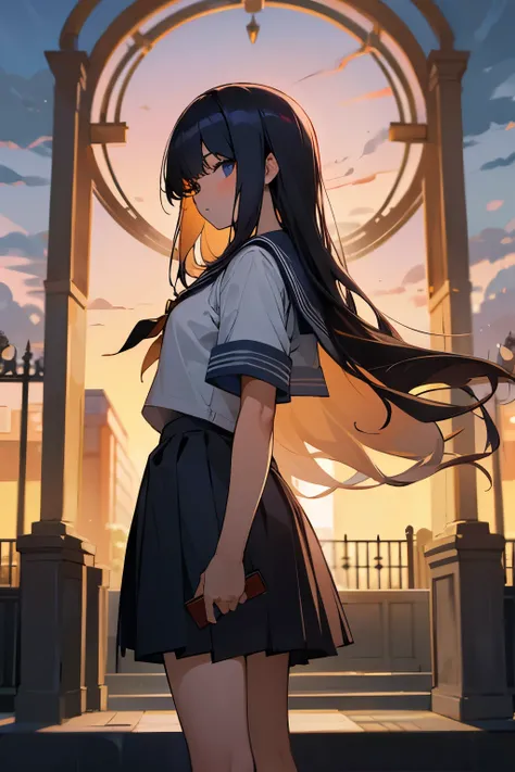 late night　School　school gate　uniform　girl　long hair