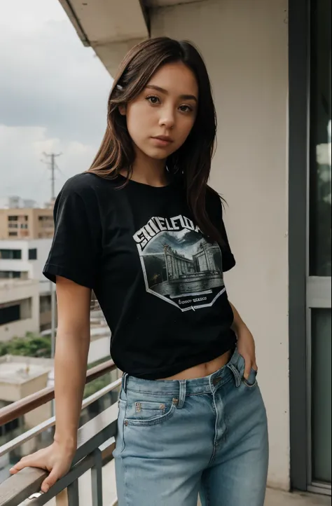 Crystal Rae vestindo escolar, camiseta cinza, short jeans, on the balcony of a prison overlooking the city