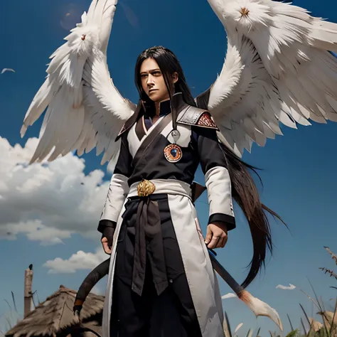 Madara uchiha, magestic, white wings, nine tail fox in the background 