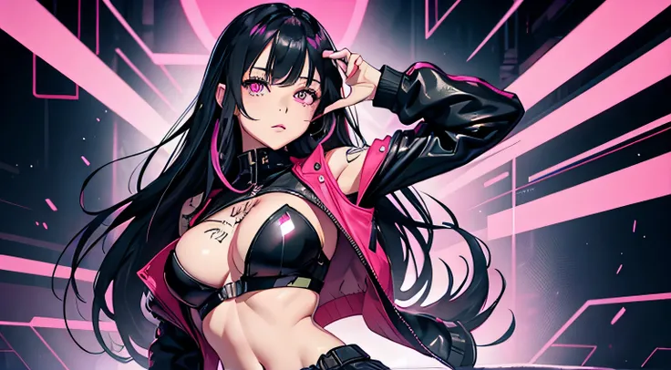 1 girl, solo, long_hair, bangs_between_the_eyes black_hair_with_strands_pink, bi_color_ pink_neon eyes, sexy_face, cyberpunk_clothes, short_jacket, navel appears, short_skirt, scarred_legs, left_arm_band, tattoo_above_navel_background_of_abstract colorful ...