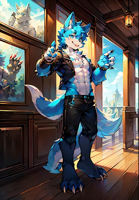 HD，coffee house，potted，noon，blue sky，single player，Wolf Animal Humanoid，Dragon wings，dragon&#39;s tail，Wolf heads，muscle tissue，out of stock，male image，full body standing painting，Short hair details，light blue fur，dark blue ear，furry wolf tail，white tail，D...