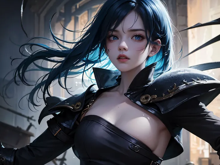 dark and gloomy whole body 8k uniform rendering,female high school student, blue hair, Wearing tattered armor, in a messy hut , action shots, tattered torn shirt, Cracking of porcelain skin, skin pores, Detailed and intricate iris, very dim lighting, heavy...