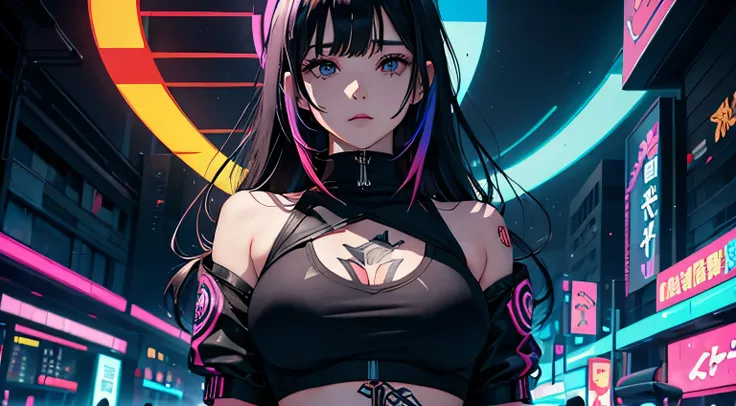 1 girl, solo, long_hair rainbow color, bangs_between_the_eyes black_hair_with_strands_rainbow bi_color_ rainbow_neon eyes, sexy_face, cyberpunk_clothes, short_jacket, navel appears, short_skirt, scarred_legs, left_arm_band, tattoo_above_navel_background_of...